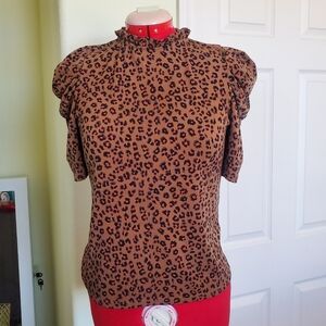 CeCe Brown Leopard Print Blouse with Puff Sleeves